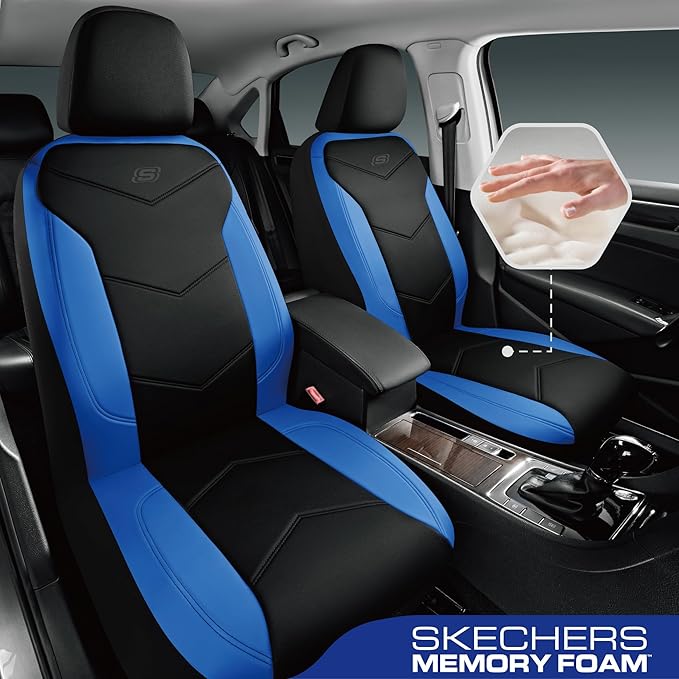 Skechers Memory Foam Seat Covers,Leather Car Seat Covers, Ultimate Comfort & Support Front Seat Covers Airbag Compatible, Automotive Universal Fit Most for SUVs, Vans, Sedans, Cars, Trucks,Blue