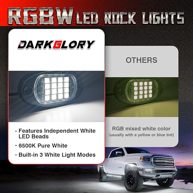 12 Pods RGBW LED Rock Lights for Truck Jeeps Trailer Off Road Van ATV UTV RV, Waterproof Multicolor Neon Underglow Kit with APP/RF Remote Control&Brake Red Function,12V Pure White Underbody Lights