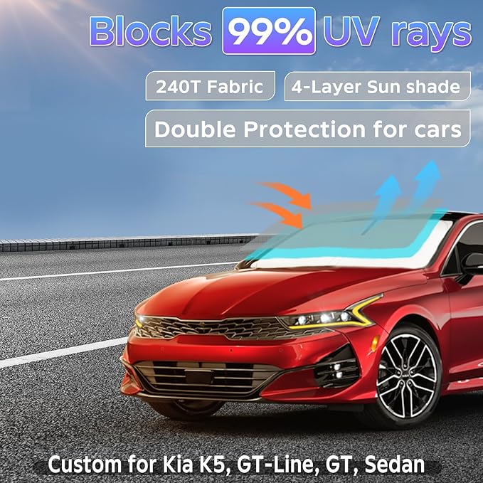 Sun Shade Sunshade for 2021-2024 2025 2026 Kia K5, GT-Line, GT, Sedan Windshield Cover, 4-Layers Sun Shield 250T Silver Coating Sun Visor Foldable Window Shade Blocks UV Rays Car Accessories