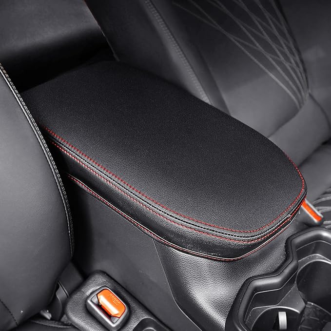 Center Console Cover for Toyota RAV4 2019-2025, Upgraded PU Leather Armrest Cover for RAV4 Adventure/Hybrid/XLE/LE/Limited/TRD Off-Road/Premium/XLE Premium (Red Stitching)
