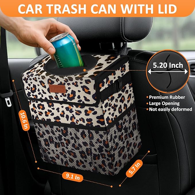 Vankor Cute Car Trash Can, Car Accessories for Women Interior Can Trash Bag Hanging Automotive Garbage Cans Leopard Pattern