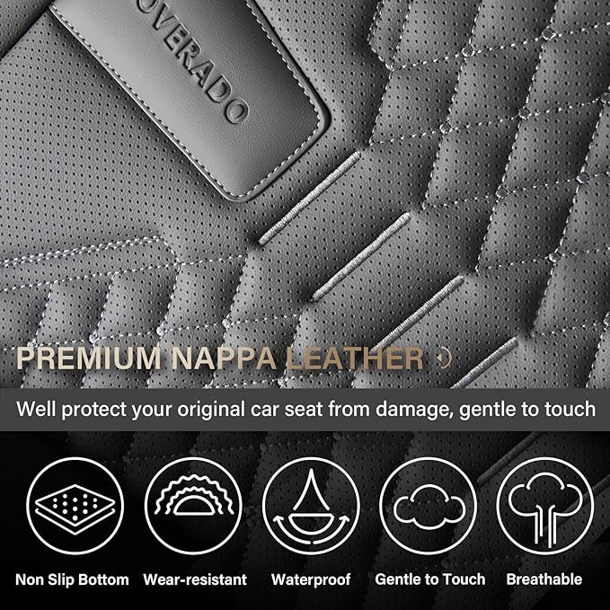 Coverado Car Seat Covers Full Set, Nappa Leather Seat Covers for Cars, 5 Seats Universal Waterproof Seat Covers, Front and Back Car Seat Protector, Automotive Seat Covers Fit for Most Cars, Gray