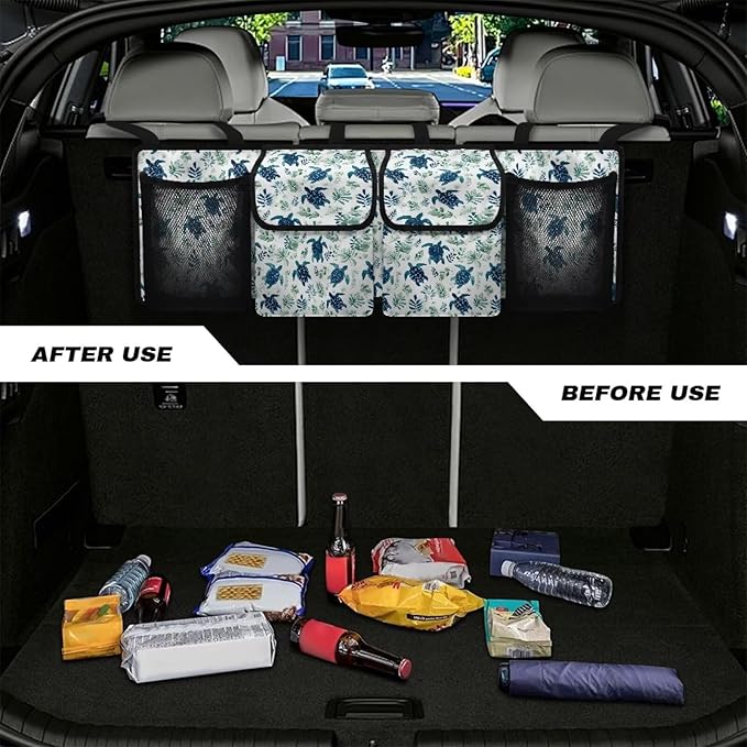 Sea Turtle Flowers Car Trunk Organizer, Hanging Capacity Storage Bag Car Back Seat Storage Bag Auto Interior Accessories for SUVs MPV Sedans Trucks Jeeps