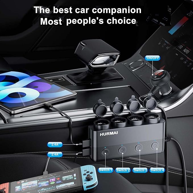 Cigarette Lighter Splitter 216W 4 Socket Car Cigarette Lighter Adapter Heavy Duty Truck Car USB Chager Multi Port USB C 12V/24V Independent Switches & Dust Cover & Waterproof for Car Devices