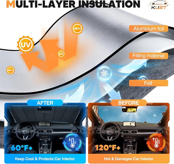 KUST Windshield Sun Shade for Mazda CX-5 2018-2025 Foldable Thicken Window Sunshade UV Protection Keep Cool Sunshield Easy Install Sun Visor Accessories Aluminum Film