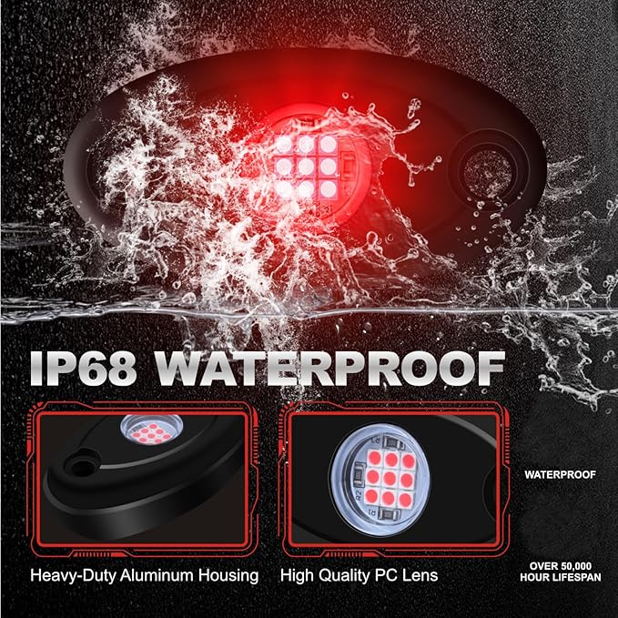 4Pods LED Rock Lights LED Neon Underglow Lights for Car Trucks ATV UTV SUV Boat Underbody Glow Trail Rig Lights Waterproof (red)
