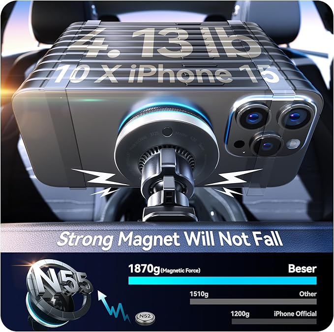 Beser for MagSafe Car Mount Charger, (4.13 lbf) Large Magnetic, 15W Qi Wireless Charger for Car, Vent/Dashboard, Phone Holder for iPhone 15/14/13/12 Series, 7 Color Lights, Aluminium, Silver