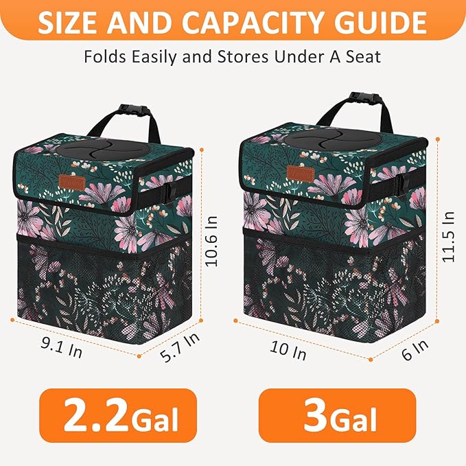 Vankor Car Trash Can for Car Cute, Bag Bin Hanging Waterproof Automotive Garbage Cans Leak Proof Vehicle Trash Can Navy Floral