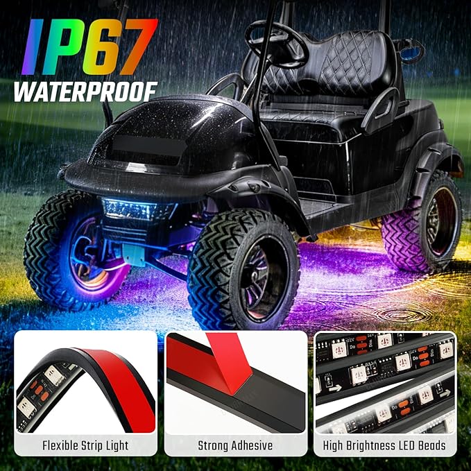 Golf Cart Underglow LED Light Strip Kit, 28 Modes Neon Underbody Glow, 12-85V, Music Sync, Wireless Remote Control, Universal for All Golf Carts, EZGO, Club Car, Yamaha, 4 Pack