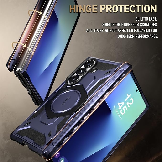 Poetic Spartan for Samsung Galaxy Z Fold 7 Case, [Hinge Protection][Magnetic Ring Adjustable Stand][Built-in Screen Protector][Compatible with MagSafe] Full-Body Rugged Phone Case, Midnight Blue