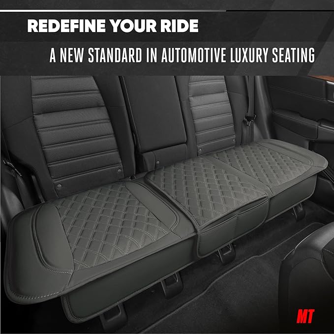 Motor Trend Rear Seat Cushion - Gray Diamond Stitched Faux Leather Rear Seat Cover for Cars, Trucks, SUVs - Padded, Waterproof, Non-Slip Back Seat Cover with Storage Pockets