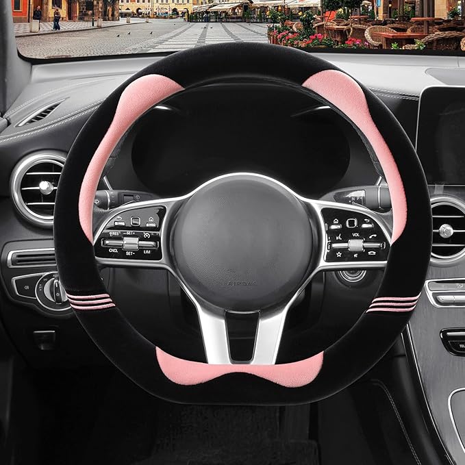 Furry Cute D Shaped Steering Wheel Cover, Soft Fluffy Short Plush Auto Accessories, Non-Slip Cold-Proof Sweat-Proof Colorfast, Universal 15 inch(Black with Pink)