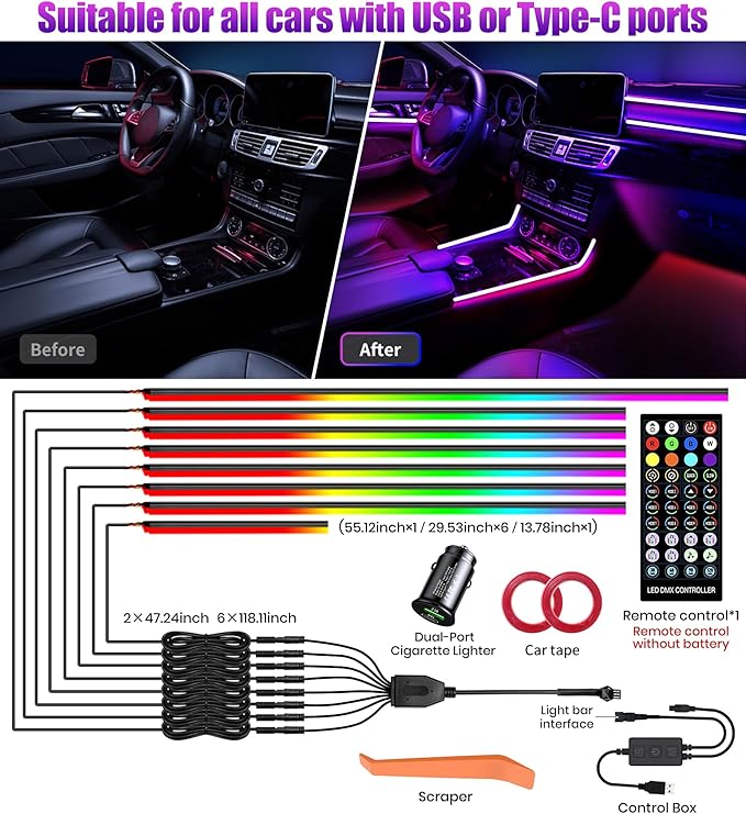 KENANEK 55.12inch Acrylic LED Lights for Car– 8 Dreamcolor Interior Car LED Strip Light, APP/Remote/Control Box, Music Sync, Dual USB Cigarette Lighter, Universal Fit for Car/SUV/Truck