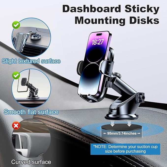 Dashboard Pad Mounting Disk for Suction Cup Mount, 2pcs Adhesive Disc for Car Phone Holder Base, Large Sticky Plastic Dsk Replacement for Garmin GPS, Sat Nav, Tablet, Cellphone Bracket - 95mm (3.74")
