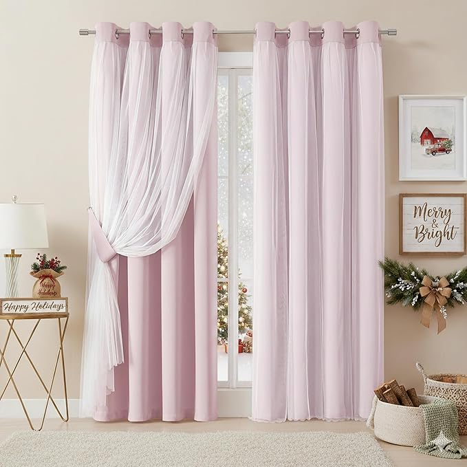 Bujasso Pink Blackout Curtains with Sheer Overlay Mix and Match Double Layer 80% Room Darkening Window Treatment Set for Girls Bedroom Living Room Pink Drapes with Tiebacks Grommet Top 54" Wx90 Lx2