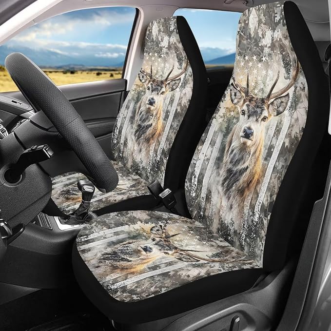 ELEQIN Deer Camo US Flag Car Seat Covers Two Front Only for Car, Automotive Interior Covers, Quick Setup Universal Fit Seat Covers for Car, Truck, SUV