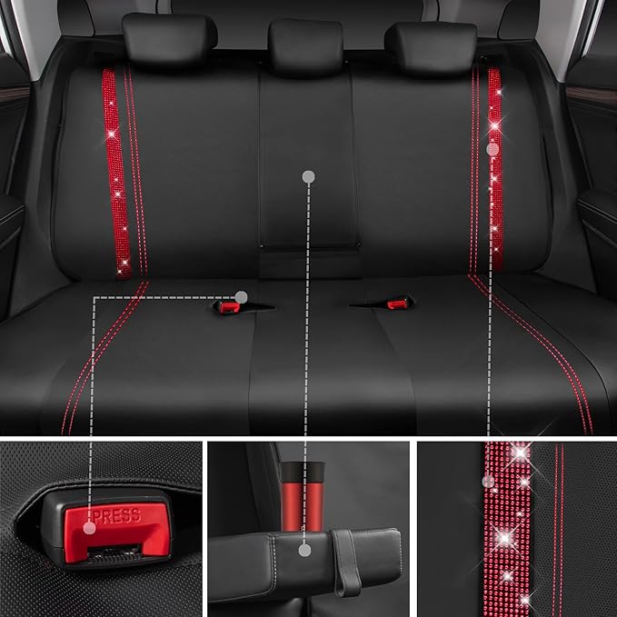 CAR Pass Bling Car Seat Covers Full Set, Shining Rhinestone Diamond Waterproof Faux Leather, Rear with Zipper, Universal Fit Automotive Glitter Crystal Sparkle Strips for Women Girl, Black Red
