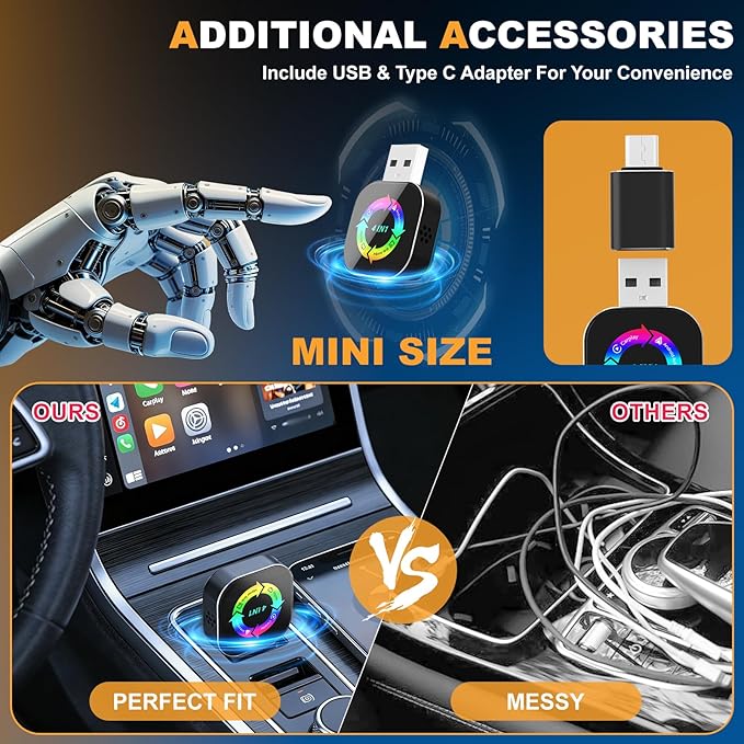 2026 Upgraded Wireless Carplay Adapter, 4 in 1 Screen Mirroring Support Mirror Link/AirPlay for Apple CarPlay & Android Auto, Mini USB/Type-C Plug & Play Car Play Adapter, Wired to Wireless No Latency