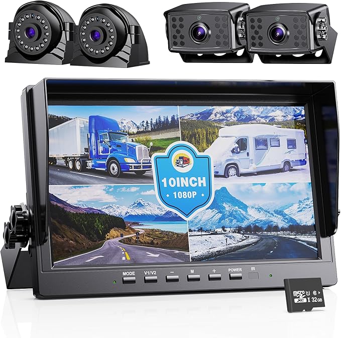eRapta HD 1080p Backup Camera System Kit,10-inch Reversing Monitor with Quad Split Recording IP69 Waterproof, Rear View Side View Cameras, Backup Camera for RV Truck/Trailer/Tractor/Box/Camper AYX104