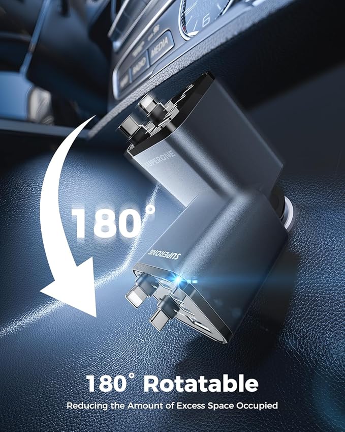 Upgraded SUPERONE Retractable Car Charger, [Ultra-Compact] 6-Port Car Charger USB C, iPhone Car Chargers Fast Charging with USB C & Apple Cable, RV Power Adapter for iPhone 17/16/15/14/13/12