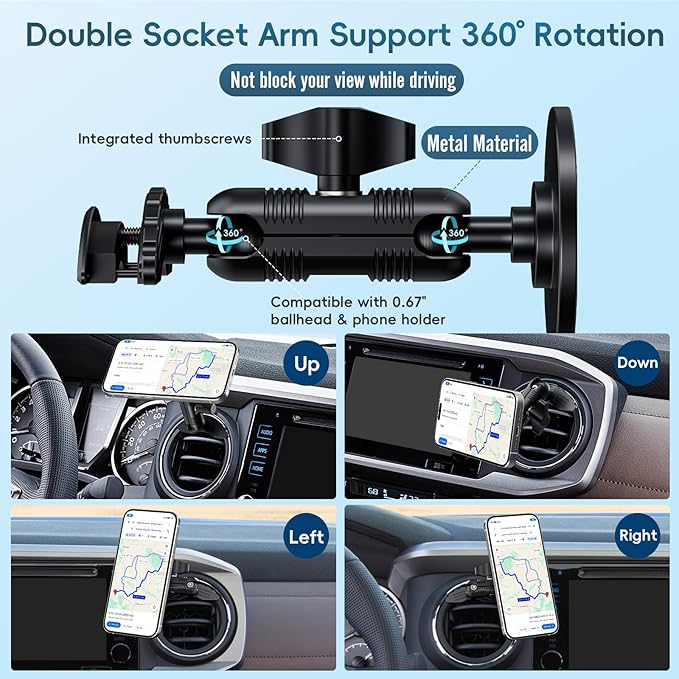 Upgraded Vent Magnetic Phone Mount for Tacoma 2016 -2023 and 2014-2021 Toyota Tundra, 3rd Gen Tacoma Cell Phone Cradles with Full Metal Arm 20x Super Strong Magnet Phone Holder Fit for All Smartphone