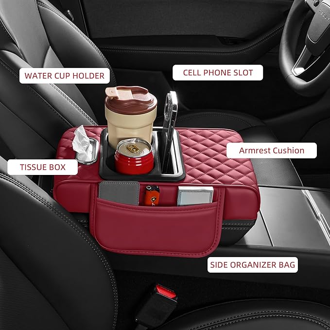 5 in 1 Car Center Console Cover, Armrest Pad with 2 Storage Pockets, Cup Holder, Tissue Box Slot, Phone Holder, Universal Car Interior Organizer (Burgundy)