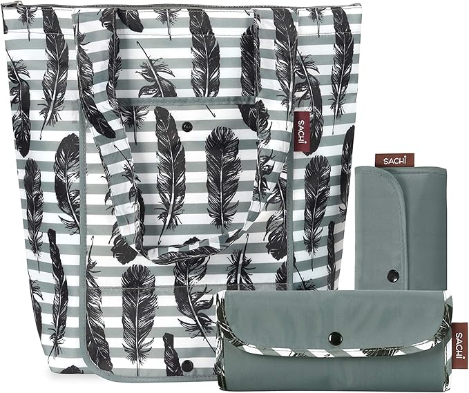SACHI 3 Piece Market Tote Set – Insulated Thermal Reusable Grocery Bags for Cold and Hot Foods – Lightweight, Portable and Fold-able (Grey Feather Stripe)