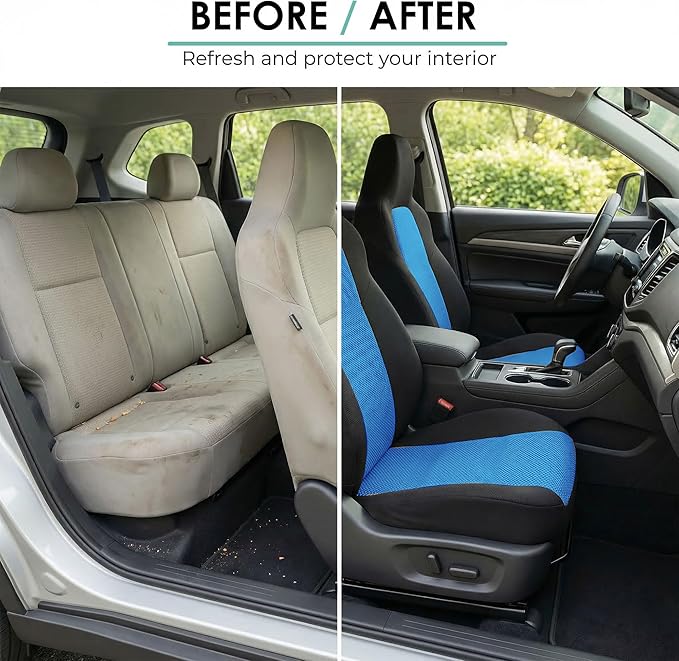 FH Group Automotive Full Car Seat Covers for SUV, Trucks, Sedan and More - Universal Fit Front High Back & Rear Solid Bench Design Interior Accessories - 3D Air Mesh Fabric Center Panel - Blue