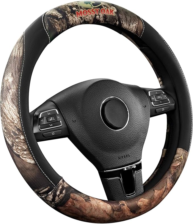 Mossy Oak Full Camo Steering Wheel Cover - Made from Premium Leather, Universal Fit for 14 1/2 to 15 inches - Official Licensed Product - Black Color