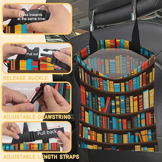 Cartoon Bookshelf Car Trash Bag, Strap Drawstring Car Garbage Bags,Car Back Seat Organizer with Adjustable Buckle for Car Accessories