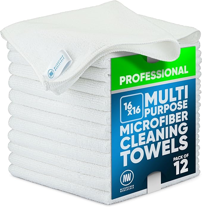 MW Pro Microfiber Cleaning Cloth | White (12 Pack) | Size 16" x 16" | All Purpose Microfiber Towels - Clean, Dust, Polish, Scrub, Absorbent