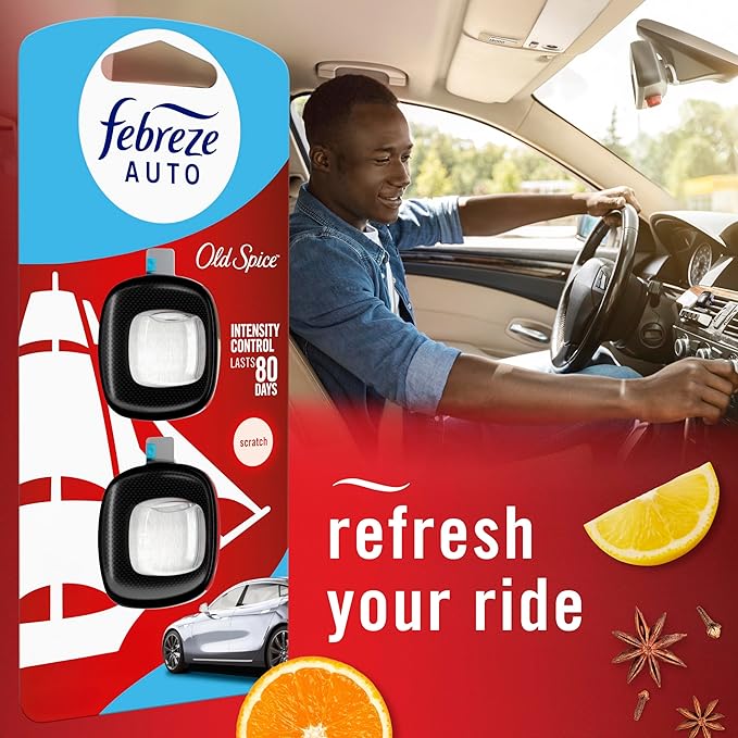 Febreze Odour-Fighting Auto Air Freshener, Car Vent Clip, Old Spice, 4ct
