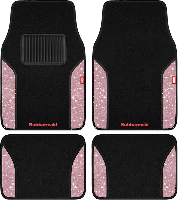 Rubbermaid Bling Car Mats, Carpeted Floor Car Mat with Faux Leather & Built-in Heel Pad, Two-Tone Car Rug Floor Mats, Stylish Carpeted Floor Mats for Cars, Trucks & SUVs Glitter Pink Color
