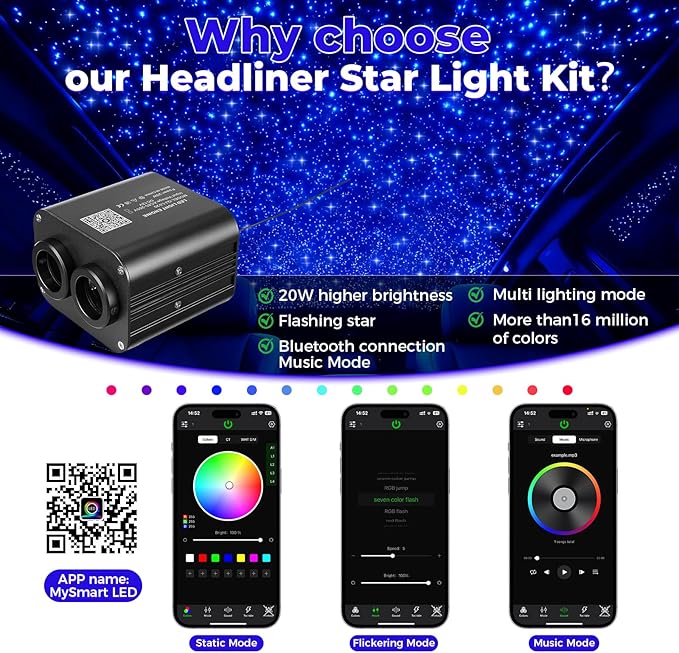 Two-Color Headliner Star Light Kit, Star Light Headliner Kit, 1000Pcs*0.03in*13.1ft Ceiling Fiber Optic APP RGBW Remote Contro Fiber Lights for Home Theater