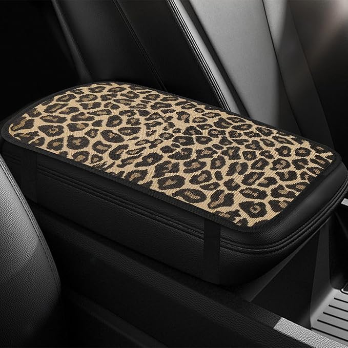 Leopard Cheetah Print African Animal Hunting Auto Center Console Armrest Pad, Car Center Console Cover, Auto Accessories Soft Comfort Armrest Cover Cushion Mat Fit for Most Cars (Gold)