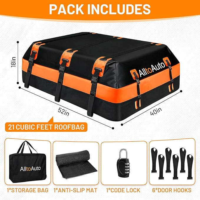 Car Rooftop top Cargo Carrier 21 Cubic feet 100% Waterproof Heavy Duty PVC for All Cars with/Without Rack, Includes Anti-Slip Mat, 10 Reinforced Straps, 6 Door Hooks, Luggage Lock