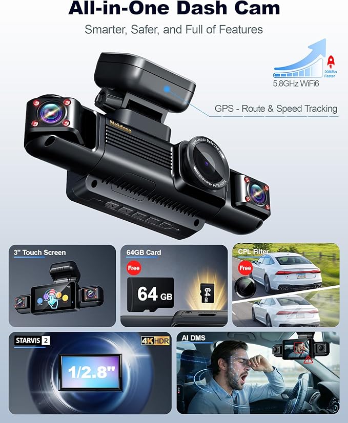 N300Pro 4K 4 Channel Dash Cam Front and Rear, STARVIS 2 Sensor, 3" Touch Screen, 5.8GHz WiFi GPS, 360° Car Dash Camera, AI Driver Monitor System, Free 64GB Card, WDR Night Vision HDR, 24H Parking Mode