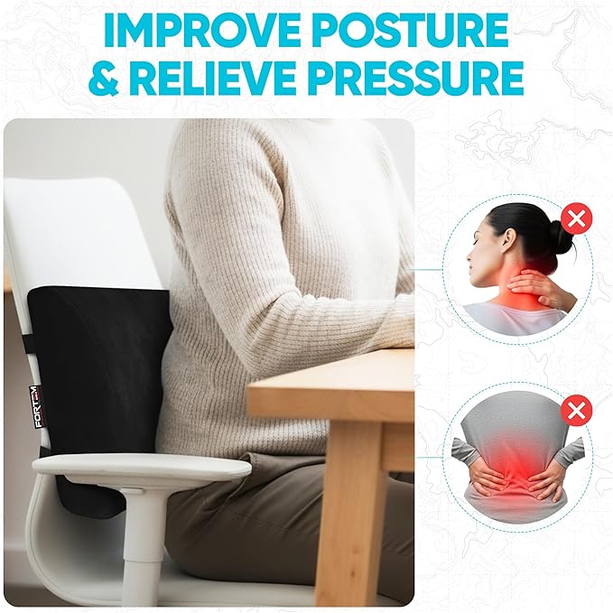 FORTEM Lumbar Support Pillow for Office Chair, Lumbar Support Pillow for Car, Back Rest for Gaming, Memory Foam Pillow, Desk Chair Cushion, Breathable & Washable Cover, Adjustable Straps