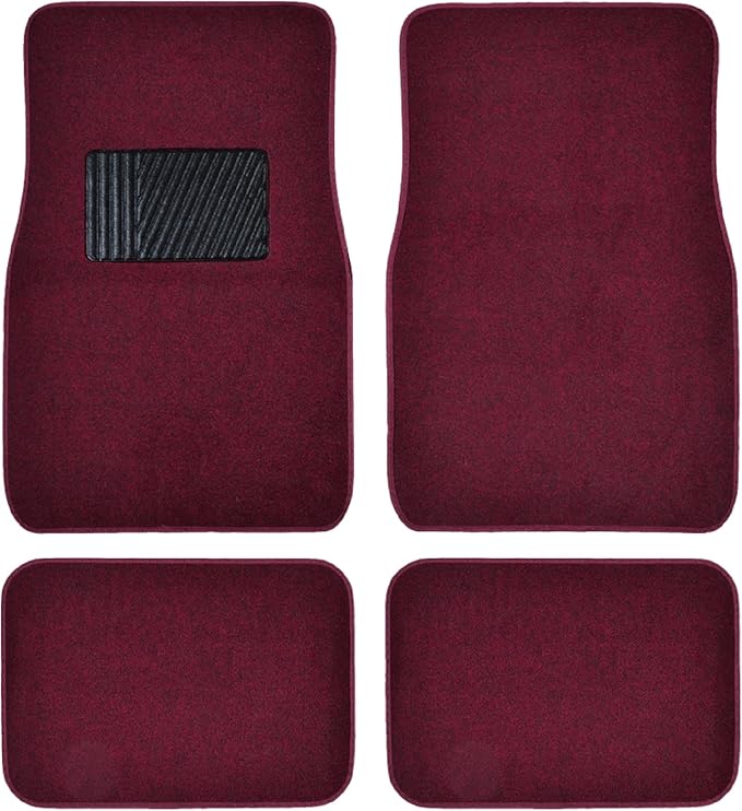 BDK Premium Burgundy Carpet Floor Mats for Cars - Universal Fit Interior 4-Piece Car Mats Full Set with Vinyl Heel Pad Protector - Cute Car Accessories Interior Floor Covers for SUVs & Trucks