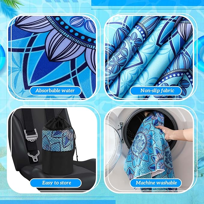 2 Pack Car Seat Towel Covers with Storage Bag 63 x 32 Inch Athletic Running Towel Seat Sweat Washable Non Slip Cover Gift for Car Outdoor Sport Activities (Blue Mandala)