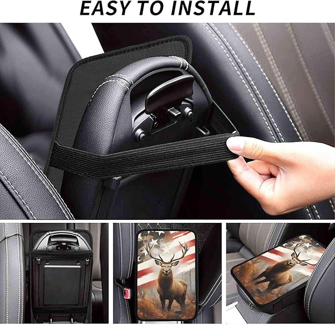 Universal Car Center Console Cushion Pad, American Flag Deer Soft Waterproof Car Center Console Cover Auto Armrest Seat Box Cover Protector for Most Vehicle SUV Truck Car
