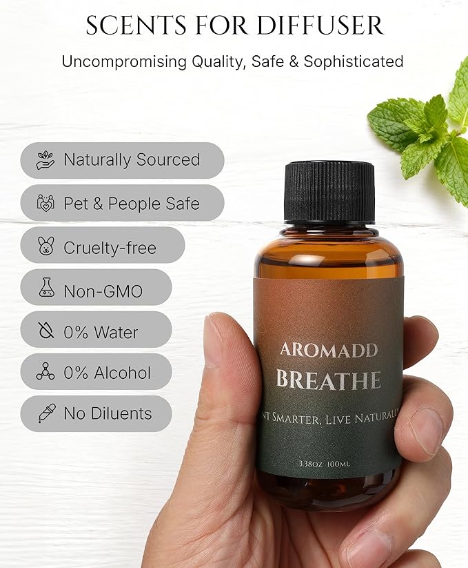 AROMADD Breathe Diffuser Oil 3.38 Fl Oz (100ml), Light Aroma Diffuser & Hotel Fragrance Diffuser Oil, Essential Oil Ideal for Anyone Who Loves a Fresh Scent Without Heavy Fragrance