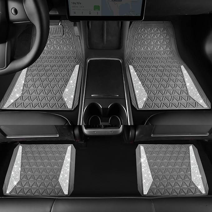 CAR PASS Bling Diamond Car Mats Gray Rubber Floor Mats Full Set Anti-Slip 3D Rhombus Waterproof Trim to Fit Liner Universal Glitter Crystal Sparkly Shining Rhinestone Girl Women SUV Sedan Van All Gray