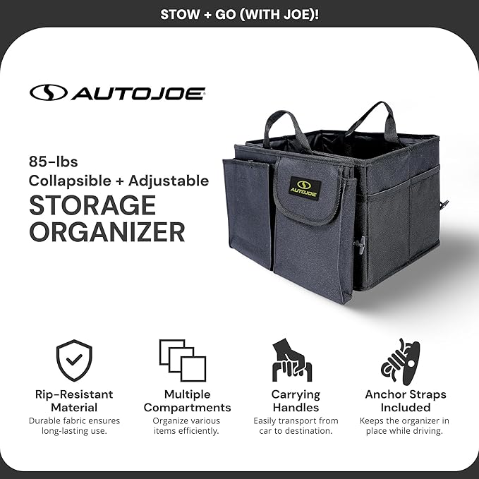 Auto Joe Collapsible Car Trunk Organizer, Storage Caddy with Adjustable Straps, Black - Portable Organization for Automotive Accessories, Cargo, Gear, and Essentials, ATJ-CTSO-BLK