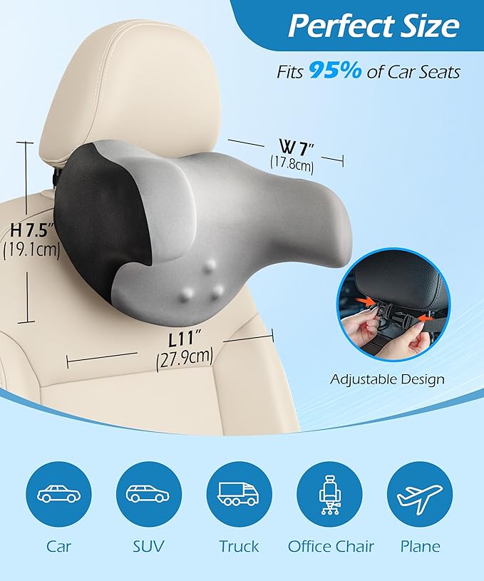 Car Neck Pillow: 2 Pack Ergonomic Memory Foam Headrest Pillow for Driving, Adjustable Neck Support Cushion for Pain Relief, Head Rest Pillows for Car Seat, Truck - Gray & Black