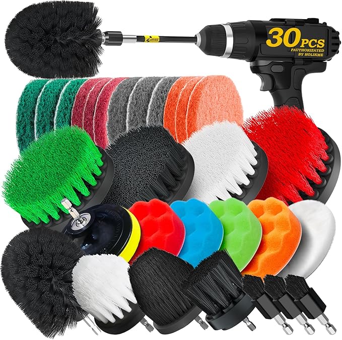 Holikme 30 Piece Drill Brush Set, Scrub Pads Scrubber Brush with Extend Long Handle Clean for Grout, Tiles, Bathtub, Bathroom, Kitchen, Black