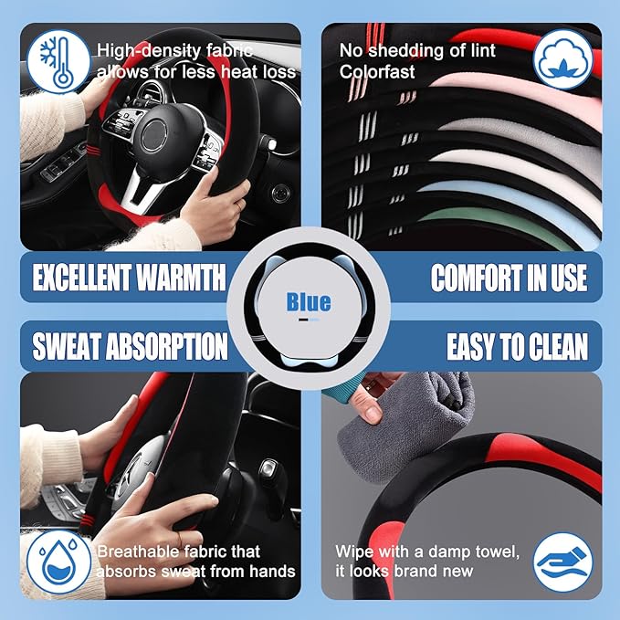 Furry Cute D Shaped Steering Wheel Cover, Soft Fluffy Short Plush Auto Accessories, Non-Slip Cold-Proof Sweat-Proof Colorfast, Universal 15 inch(Black with Blue)