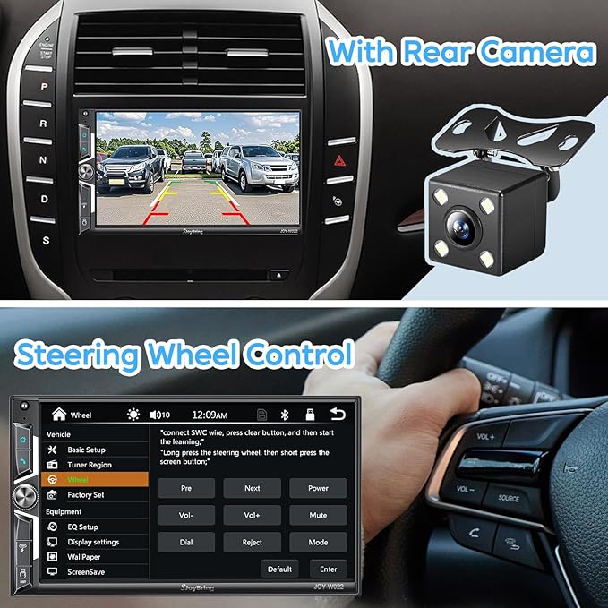 SJoyBring 7" QLED Double Din Car Stereo - Wireless Apple CarPlay & Android Auto, 240W 4.2CHN, SWC, Bluetooth, FM/AM Car Radio, 2 Subwoofers Outputs, Backup Camera