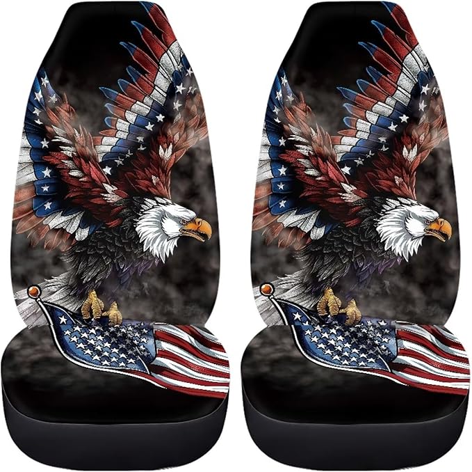 ELEQIN Car Front Seat Covers, Eagle America Flag Universal Seat Protector, Full Cover Fit Most Truck, SUV, Van Interior Decor