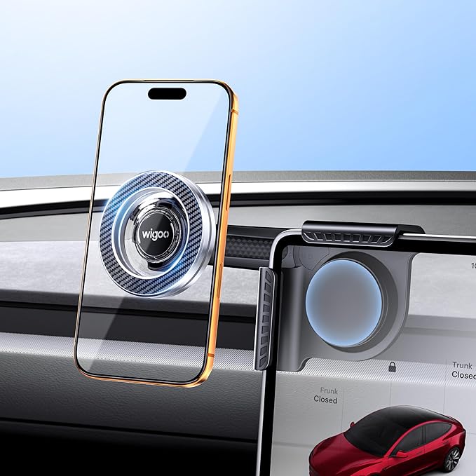 Wigoo Magnetic Phone Mount for Tesla Model 3/Y/S/X Accessories, 【Strongest Magnet & No Blocking View】 Screen Side Magnetic Holder for Magsafe iPhone 17-12 & Android - Clamp (No Glue)